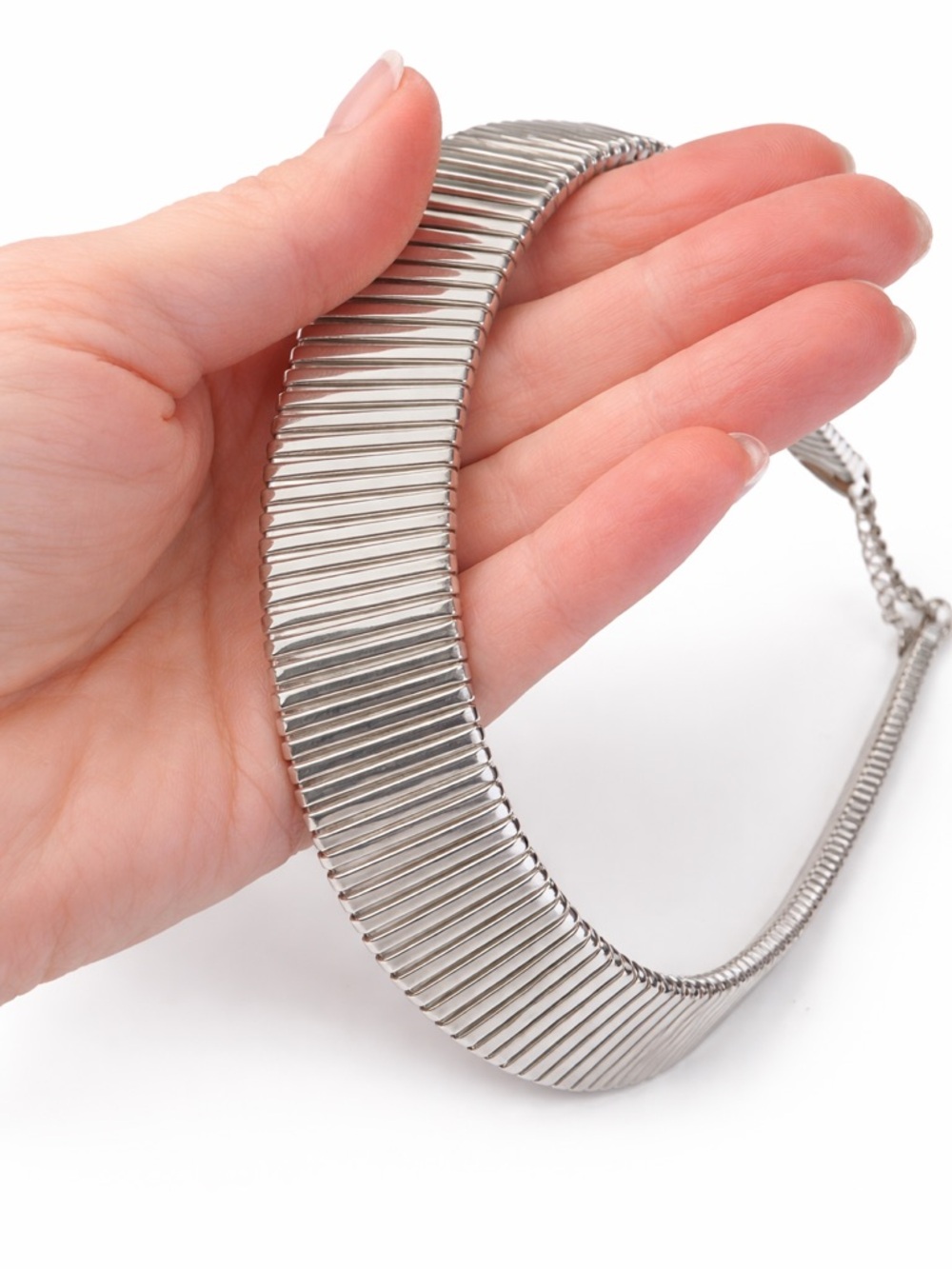 NWT. Silver Tone Ribbed Collar Necklace Statement Choker Modern Minimalist - Picture 3 of 6
